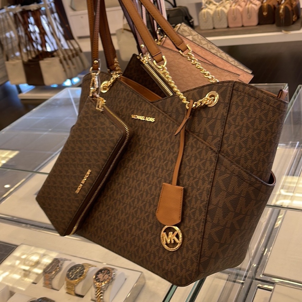 MICHAEL KORS LG X CHAIN SHOULDER TOTE &  JST Large Travel CONTINENTAL Wallet - Picture 4 of 16